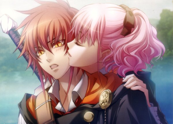 Anime picture 1783x1283 with wand of fortune idea factory lulu (wand of fortune) lagi el nagil usuba kagerou fringe highres short hair hair between eyes yellow eyes pink hair ponytail red hair eyes closed profile scan official art couple girl boy