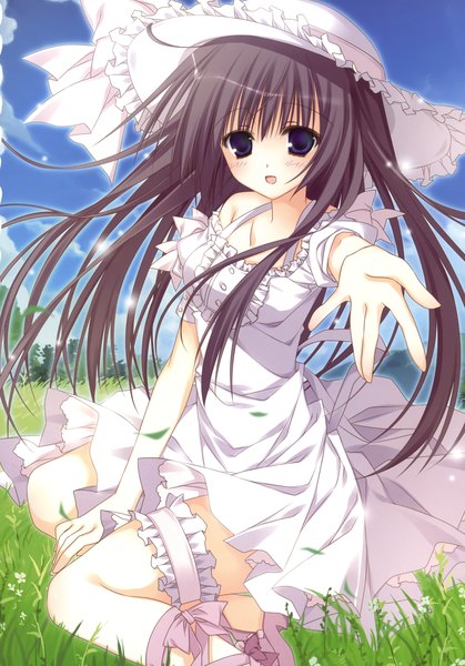 Anime picture 2446x3500 with inugami kira single long hair tall image looking at viewer blush highres open mouth blue eyes black hair scan girl hat frills sundress