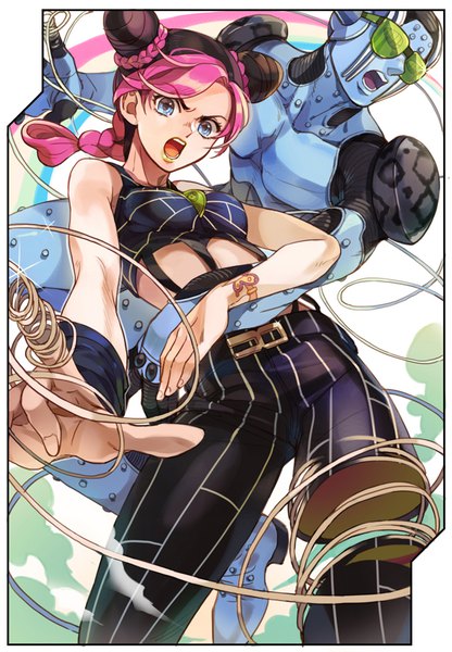 Anime picture 616x889 with jojo no kimyou na bouken kujo jolyne stone free inzup long hair tall image open mouth blue eyes black hair pink hair multicolored hair two-tone hair from below sleeveless lipstick stand (jojo) green lipstick girl