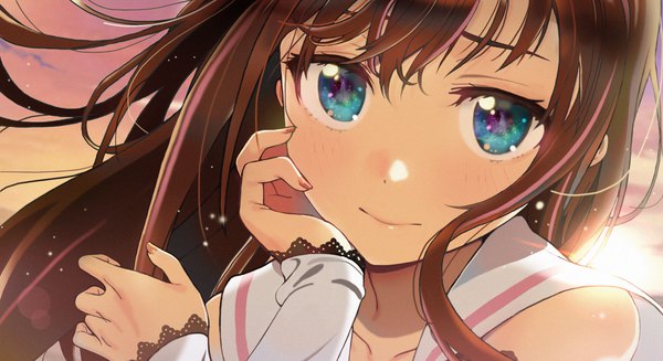 Anime picture 1980x1080 with virtual youtuber a.i. channel kizuna ai seicoh single long hair looking at viewer blush fringe highres hair between eyes brown hair wide image bare shoulders sky cloud (clouds) outdoors nail polish multicolored hair aqua eyes