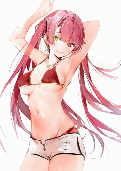 Anime picture 1700x2402 with virtual youtuber hololive houshou marine houshou marine (summer) silver (chenwen) single long hair tall image looking at viewer blush fringe breasts open mouth light erotic simple background smile hair between eyes red eyes large breasts standing