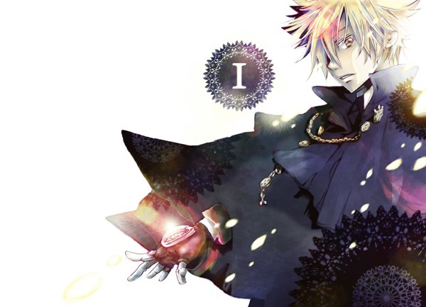 Anime picture 1107x800 with katekyou hitman reborn vongola primo giotto mizu kon single fringe short hair simple background blonde hair white background yellow eyes hair over one eye boy fingerless gloves