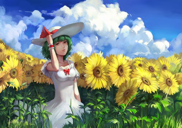 Anime picture 2339x1654 with touhou kazami yuuka jiliang ji ying single looking at viewer highres short hair breasts smile red eyes sky cloud (clouds) outdoors green hair short sleeves alternate costume landscape scenic adjusting hat nature