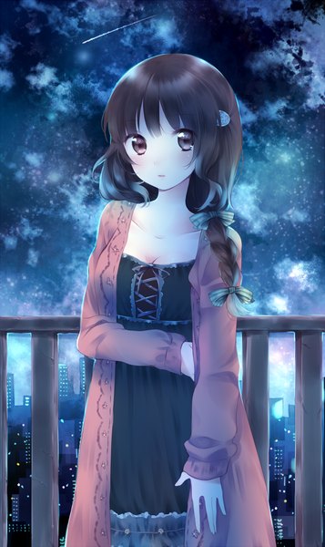 Anime picture 1000x1681 with original riichu single long hair tall image looking at viewer black hair brown eyes sky cloud (clouds) braid (braids) night white skin girl dress