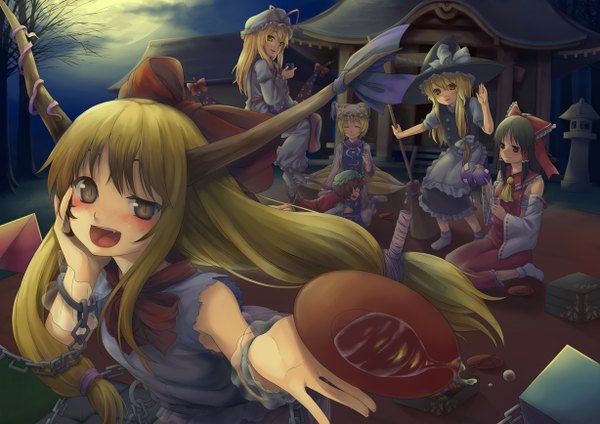 Anime picture 1228x868 with touhou hakurei reimu kirisame marisa yakumo yukari ibuki suika yakumo ran chen liminarity blush black hair blonde hair smile sitting multiple girls brown eyes green eyes yellow eyes cloud (clouds) eyes closed horn (horns)