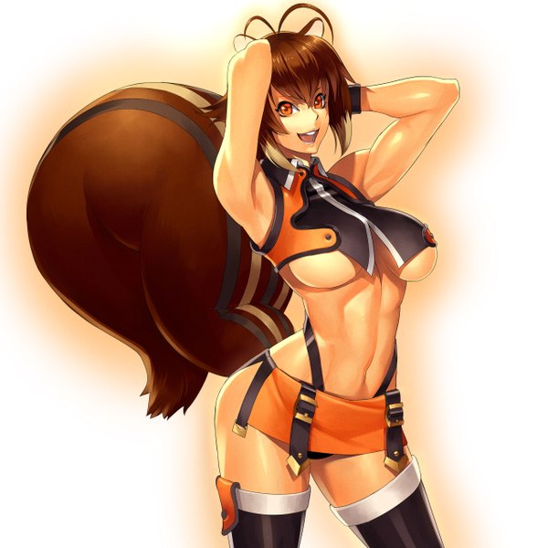 Anime picture 2560x2560 with blazblue makoto nanaya ogami single looking at viewer highres short hair breasts light erotic simple background smile brown hair large breasts animal ears tail animal tail orange eyes arms behind head squirrel tail squirrel ears