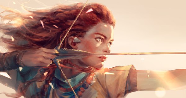 Anime picture 1920x1020 with horizon zero dawn aloy (horizon) hage2013 single long hair highres wide image brown eyes looking away upper body red hair parted lips wind realistic fighting stance archery girl arrow (arrows)