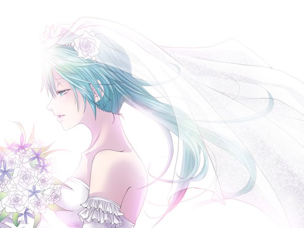 Anime picture 1500x1125 with vocaloid hatsune miku ryoko (pixiv) single open mouth white background twintails bare shoulders profile aqua eyes aqua hair girl dress gloves flower (flowers) elbow gloves white dress wedding dress wedding veil bride