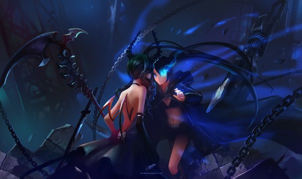 Anime picture 1600x951 with black rock shooter black rock shooter (character) dead master chenbo long hair blue eyes wide image twintails bare shoulders multiple girls signed blue hair horn (horns) green hair from behind back magic glowing wavy hair glowing eye (eyes)