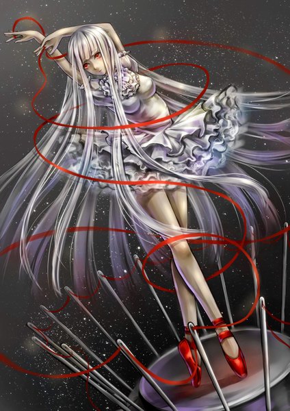 Anime picture 2314x3273 with original daphne zhang single long hair tall image highres red eyes silver hair very long hair space dancing ballet girl dress frills white dress thread red thread needle