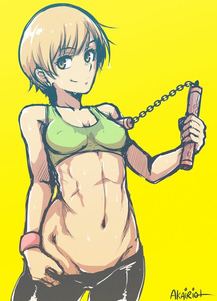 Anime picture 848x1174 with persona 4 persona satonaka chie akairiot single tall image fringe short hair breasts light erotic blonde hair simple background smile yellow eyes looking away yellow background girl navel nunchaku