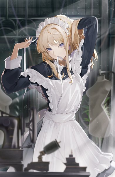 Anime picture 2613x3996 with original marumoru single long hair tall image looking at viewer fringe highres blue eyes blonde hair standing holding blunt bangs long sleeves blurry arms up maid piercing mouth hold adjusting hair