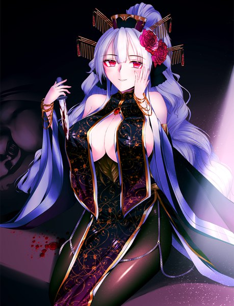 Anime picture 1300x1700 with sangokushi taisen anesaki single long hair tall image looking at viewer blush fringe breasts light erotic hair between eyes red eyes large breasts sitting bare shoulders holding payot cleavage silver hair ponytail