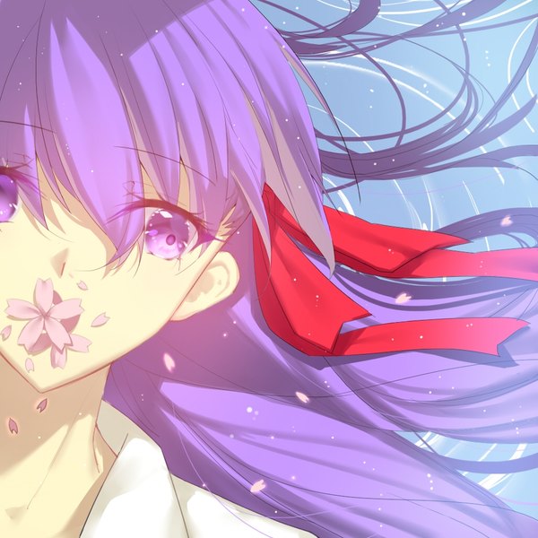 Anime picture 1024x1024 with fate (series) fate/stay night matou sakura zizou xingzao single long hair fringe hair between eyes purple eyes looking away purple hair cherry blossoms face flower in mouth girl flower (flowers) ribbon (ribbons) hair ribbon petals water