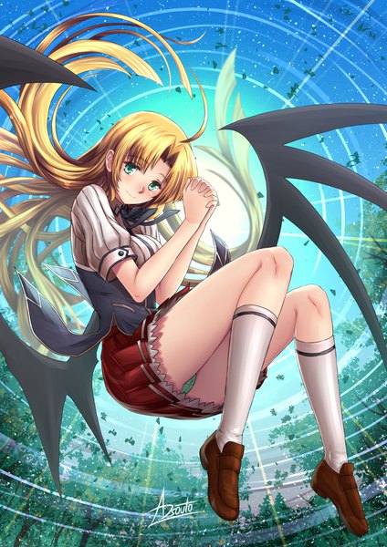 Anime picture 1240x1754 with highschool dxd asia argento adsouto single long hair tall image looking at viewer blush fringe breasts light erotic blonde hair payot full body ahoge bent knee (knees) pleated skirt aqua eyes light smile wind