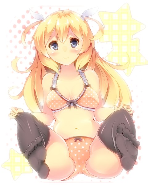 Anime picture 1024x1280 with original mikususannda single long hair tall image looking at viewer blush breasts blue eyes light erotic blonde hair smile sitting cleavage two side up spread legs no shoes underwear only polka dot crotch