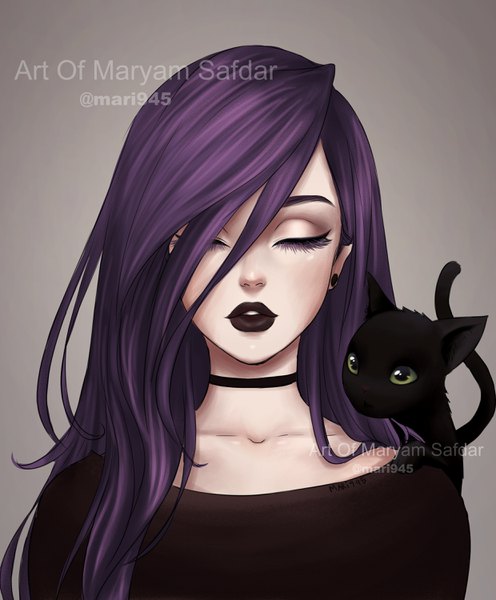 Anime picture 2480x3000 with original mari945 single long hair tall image fringe highres simple background hair between eyes signed purple hair upper body eyes closed parted lips lips hair over one eye realistic lipstick twitter username gradient background