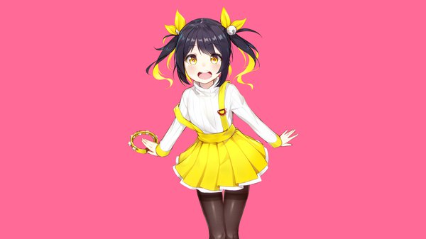 Anime picture 1920x1080 with original tam tamborine the cold single looking at viewer blush highres short hair open mouth black hair simple background wide image twintails yellow eyes pleated skirt short twintails strap slip hair bell borrowed character girl