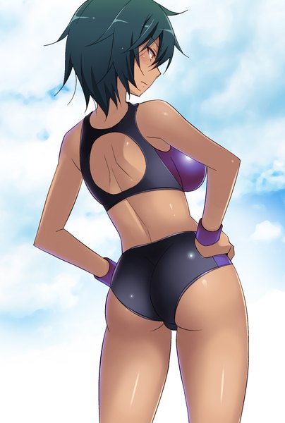 Anime picture 1296x1925 with original nakamura yukitoshi single tall image blush fringe short hair breasts light erotic black hair red eyes large breasts bare shoulders ass bare legs from below dark skin looking down bare back hands on hips
