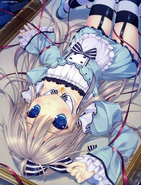 Anime picture 3956x5181 with original chikotam single long hair tall image looking at viewer blush highres blue eyes absurdres silver hair lying scan girl thighhighs dress bow ribbon (ribbons) hair bow frills