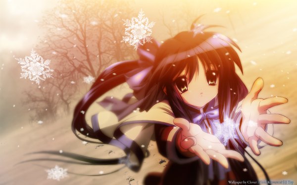 Anime picture 1440x900 with kanon key (studio) kawasumi mai long hair wide image outstretched arm snowing winter snow girl plant (plants) tree (trees) snowflake (snowflakes)