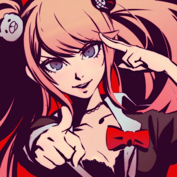 Anime picture 1024x1024 with dangan ronpa enoshima junko ilya kuvshinov single long hair looking at viewer open mouth blonde hair smile purple eyes twintails portrait pointing girl bow