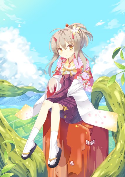 Anime picture 1000x1412 with original nibiiro shizuka single long hair tall image blush brown hair sitting yellow eyes traditional clothes japanese clothes horn (horns) girl socks white socks