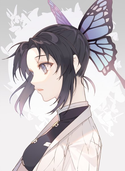 Anime picture 650x885 with kimetsu no yaiba ufotable kochou shinobu pig ggul single tall image short hair open mouth blue eyes black hair simple background white background payot looking away upper body traditional clothes japanese clothes profile gradient background floating hair