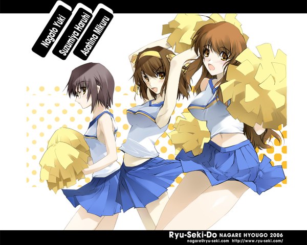 Anime picture 1280x1024 with suzumiya haruhi no yuutsu kyoto animation suzumiya haruhi nagato yuki asahina mikuru cheerleader girl