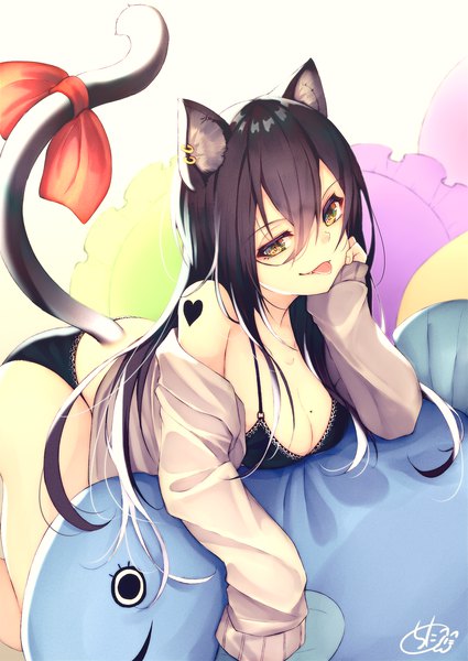 Anime picture 1417x2000 with original chita (ketchup) single long hair tall image looking at viewer fringe breasts light erotic black hair simple background hair between eyes large breasts bare shoulders signed animal ears yellow eyes cleavage tail lying