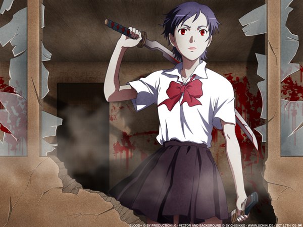 Anime picture 1600x1200 with blood+ production i.g otonashi saya single short hair red eyes signed purple hair copyright name dated broken glass girl sword blood sheath