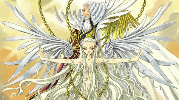 Anime picture 1920x1080 with code geass sunrise (studio) clamp vv charles di britannia highres wide image white hair very long hair otoko no ko wings chain