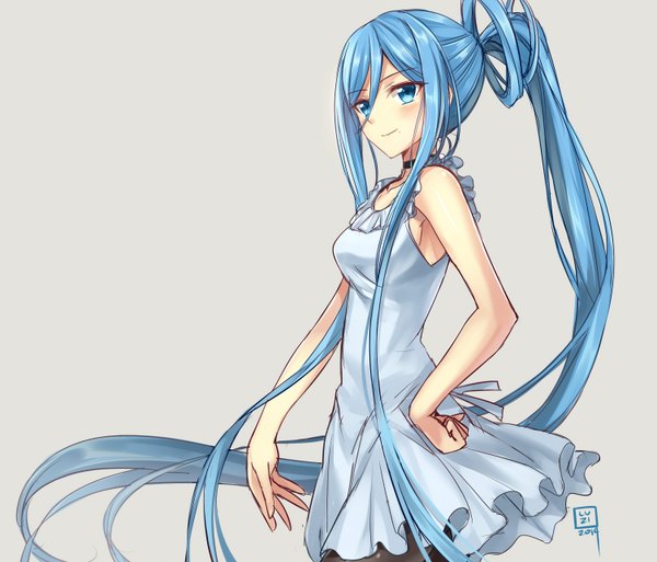 Anime picture 1504x1288 with aoki hagane no arpeggio takao (aoki hagane no arpeggio) luzi (coffee-straw-luzi) single looking at viewer blush fringe breasts blue eyes simple background blue hair ponytail very long hair hand on hip girl dress frills