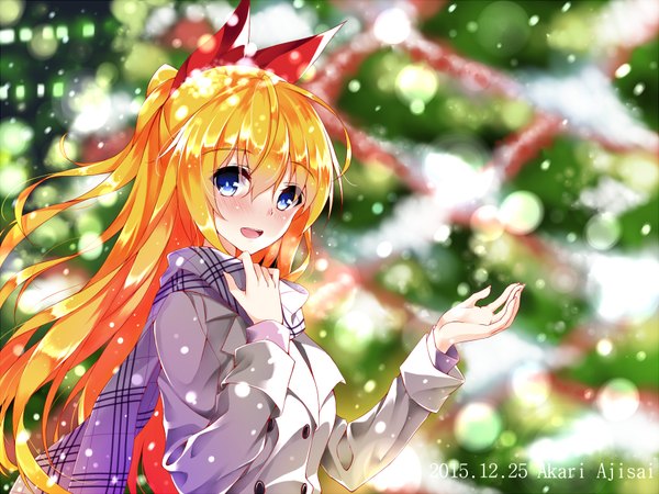 Anime picture 1800x1350 with nisekoi shaft (studio) kirisaki chitoge akari ajisai single long hair looking at viewer blush fringe highres open mouth blue eyes blonde hair smile hair between eyes signed upper body ponytail blurry depth of field