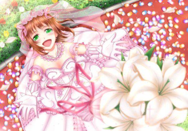 Anime picture 1600x1120 with idolmaster amami haruka k2-atelier single blush short hair open mouth brown hair green eyes girl dress gloves flower (flowers) petals wedding dress
