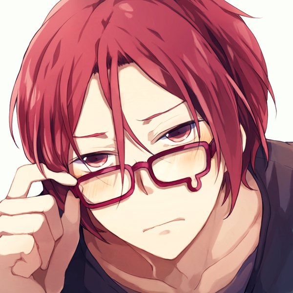 Anime picture 800x800 with free! kyoto animation matsuoka rin mukkun single blush fringe short hair simple background hair between eyes white background looking away pink hair pink eyes embarrassed face adjusting glasses boy glasses