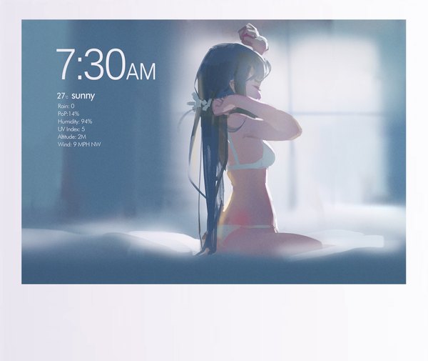 Anime picture 1059x893 with original hjl single long hair fringe light erotic black hair sitting bare shoulders indoors eyes closed profile blurry arms up bare legs bare belly underwear only text english framed