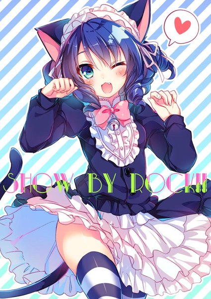 Anime picture 752x1062 with show by rock!! studio bones cyan (show by rock!!) toosaka asagi single tall image blush fringe short hair open mouth blue eyes light erotic simple background hair between eyes standing animal ears blue hair looking away tail long sleeves
