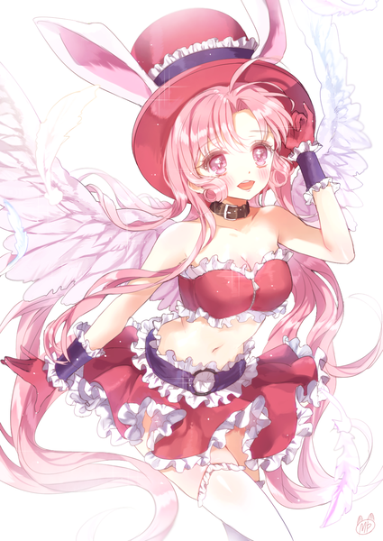 Anime picture 1000x1412 with full moon wo sagashite studio deen meroko yui haruri single tall image blush open mouth simple background white background animal ears looking away pink hair very long hair :d pink eyes sparkle midriff bunny ears angel wings