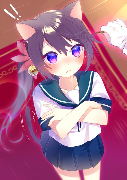 Anime picture 1002x1416 with kantai collection admiral (kantai collection) akebono destroyer mafuyu (chibi21) long hair tall image blush fringe hair between eyes standing purple eyes holding animal ears payot looking away tail animal tail pleated skirt pink eyes hair flower