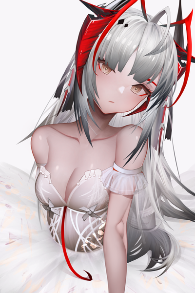Anime picture 2499x3750 with arknights w (arknights) john wheryus single long hair tall image looking at viewer blush fringe highres breasts light erotic simple background white background brown eyes cleavage ahoge blunt bangs head tilt horn (horns)