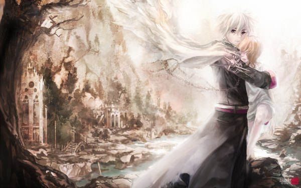 Anime picture 1440x900 with original short hair blonde hair wide image purple eyes white hair wind couple hug mountain girl boy flower (flowers) plant (plants) wings tree (trees) belt chain cloak cross