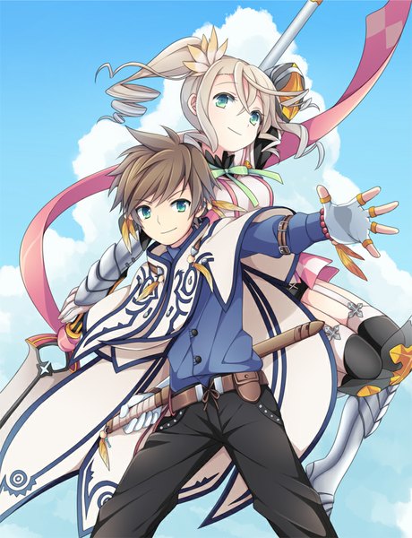 Anime picture 768x1001 with tales of (series) tales of zestiria alisha (tales) sorey (tales) soranagi long hair tall image looking at viewer short hair blonde hair smile brown hair sky cloud (clouds) ponytail aqua eyes side ponytail drill hair spread arms jumping