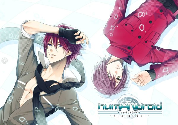 Anime picture 1147x809 with humandroid type s suou shuuya kirishima sou looking at viewer short hair simple background brown hair purple eyes red hair lying light smile open clothes open jacket official art grey eyes open shirt couple checkered floor partially open clothes