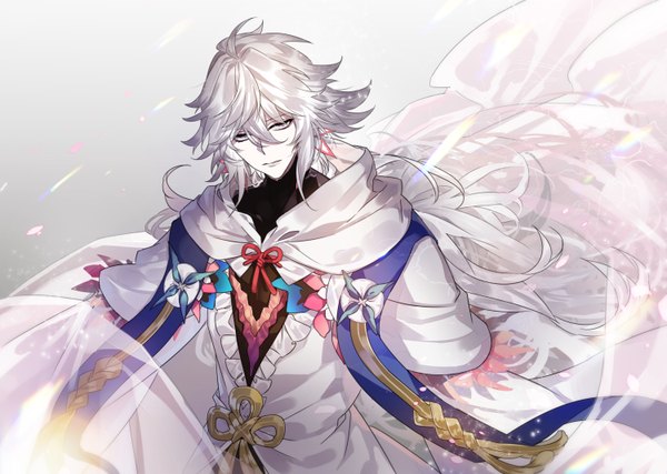 Anime picture 1500x1068 with fate (series) fate/grand order merlin (fate) anno meiji single long hair looking at viewer fringe simple background hair between eyes grey hair grey eyes gradient background pale skin spiked hair boy earrings frills headdress cape