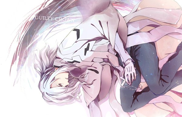 Anime picture 1020x659 with guilty crown production i.g tsutsugami gai ank (abcxxxxx) single long hair open mouth simple background white background green eyes white hair text boy gloves jacket cross necklace