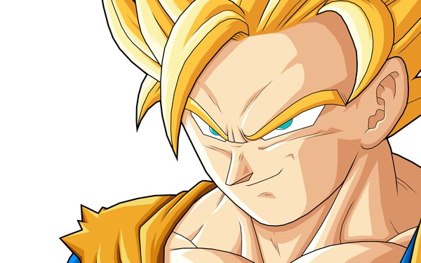 Аниме картинка 2880x1800 с драгонболл драгонболл зет son goku drozdoo один (одна) высокое разрешение короткие волосы голубые глаза простой фон светлые волосы улыбка широкое изображение белый фон лёгкая улыбка портрет лицо векторная графика мужчина