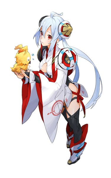 Anime picture 923x1470 with phantasy star phantasy star online 2 sega matoi (pso2) kyuusugi toku single tall image looking at viewer fringe breasts light erotic simple background hair between eyes red eyes standing white background payot silver hair full body very long hair