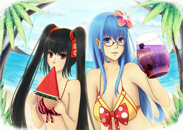 Anime picture 1100x783 with bounin long hair black hair red eyes purple eyes twintails multiple girls blue hair hair flower girl hair ornament bow 2 girls swimsuit plant (plants) bikini tree (trees) glasses food berry (berries)