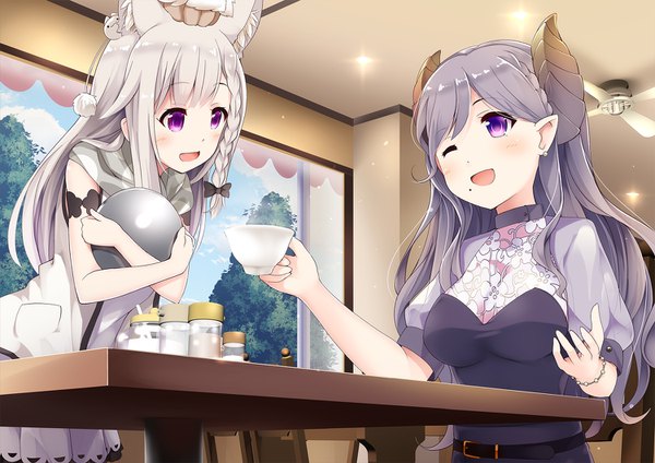 Anime picture 1500x1062 with virtual youtuber honey strap animare saionji mary shiromiya mimi sch long hair blush fringe breasts open mouth purple eyes multiple girls holding animal ears silver hair indoors blunt bangs braid (braids) :d